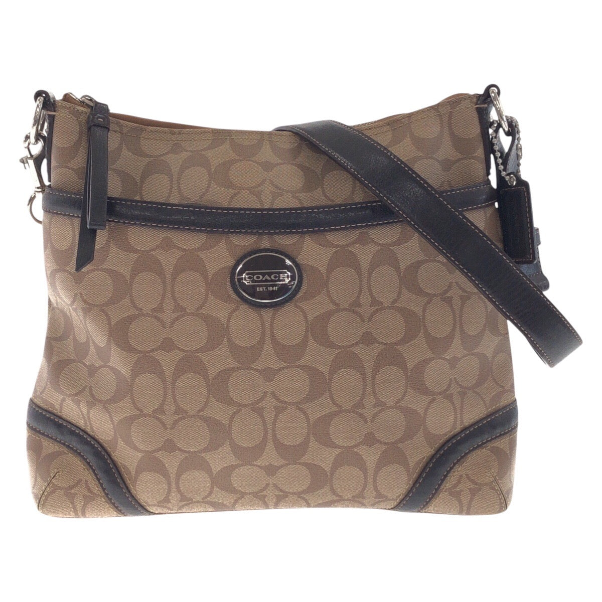 14206
COACH コーチ シグネチャー ブラウン シルバー金具 PVC / レザー ショルダーバッグ ポシェット レディース AB5
