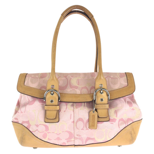 COACH コーチ シグネチャー ピンク ブラウン シルバー金具 キャンバス / レザー トートバッグ ハンドバッグ  レディース