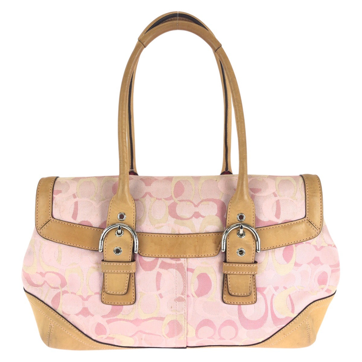 COACH コーチ シグネチャー ピンク ブラウン シルバー金具 キャンバス / レザー トートバッグ ハンドバッグ  レディース