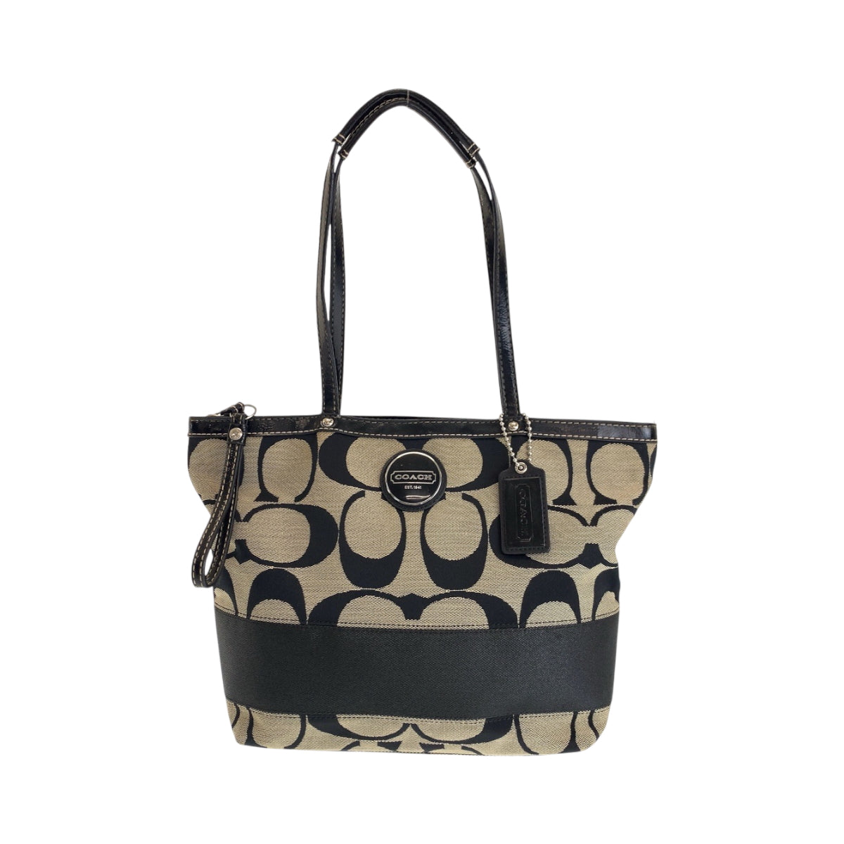 14209
COACH コーチ シグネチャー ブラック 黒 ベージュ シルバー金具 キャンバス F17438 トートバッグ ショルダーバッグ  レディース