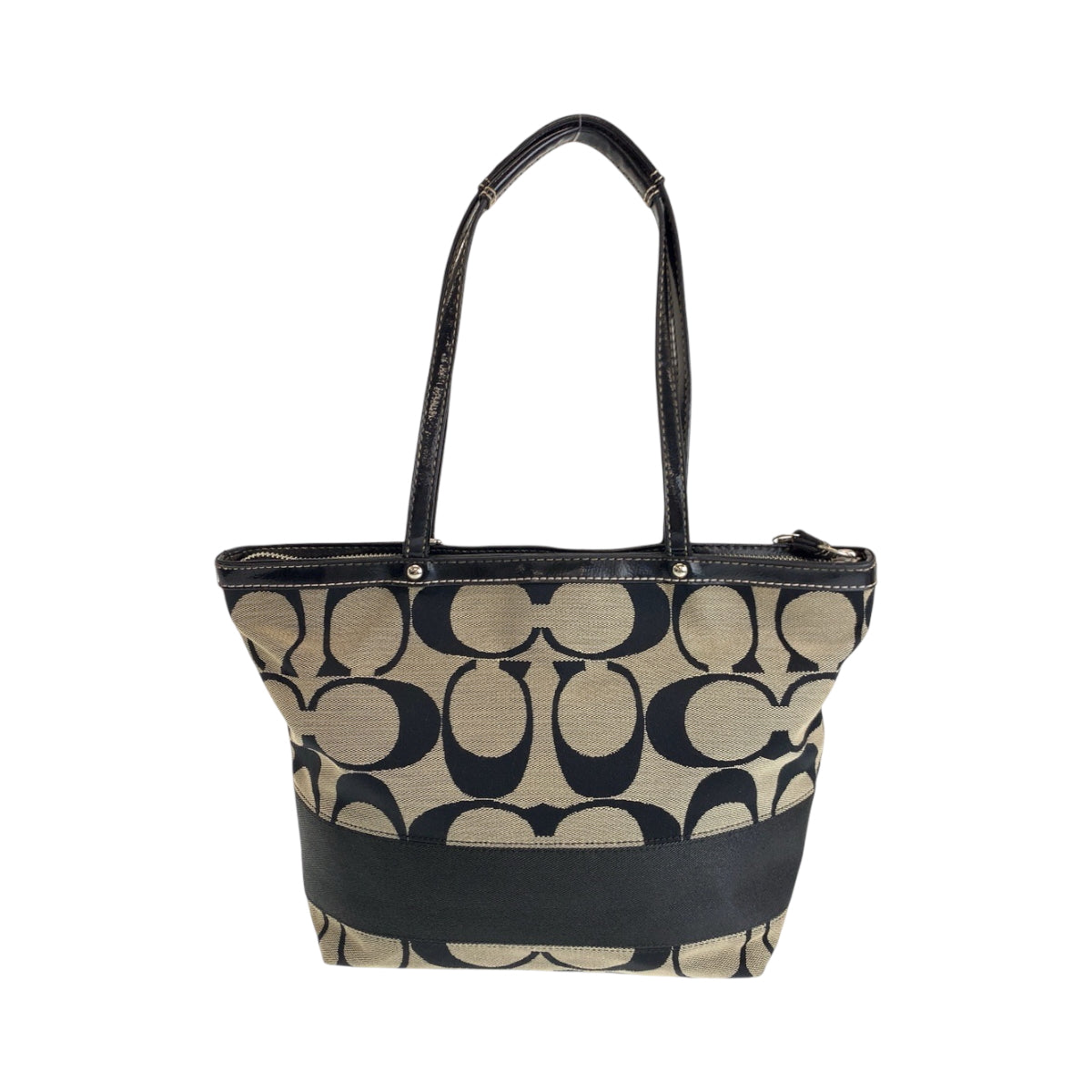 14209
COACH コーチ シグネチャー ブラック 黒 ベージュ シルバー金具 キャンバス F17438 トートバッグ ショルダーバッグ  レディース
