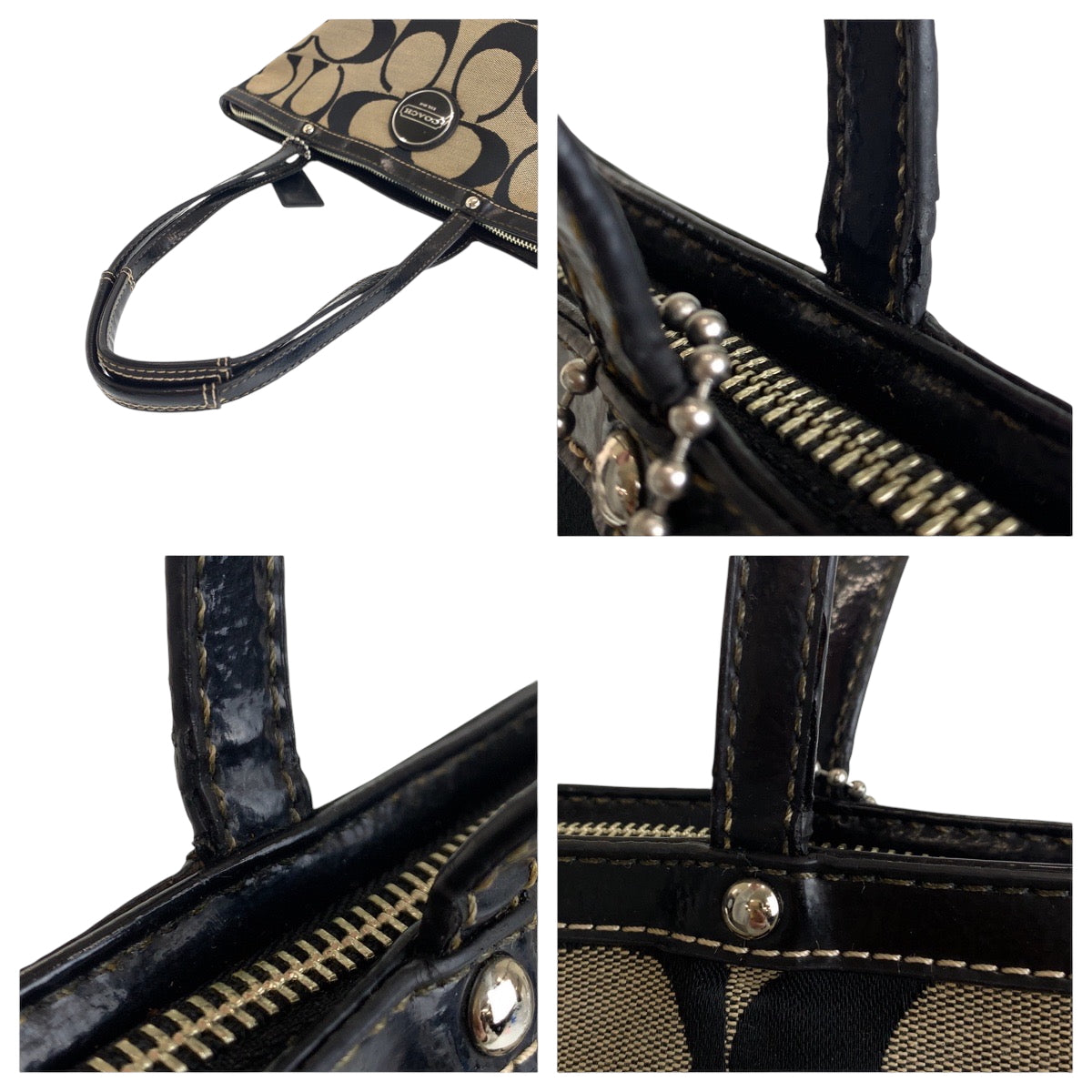 14209
COACH コーチ シグネチャー ブラック 黒 ベージュ シルバー金具 キャンバス F17438 トートバッグ ショルダーバッグ  レディース
