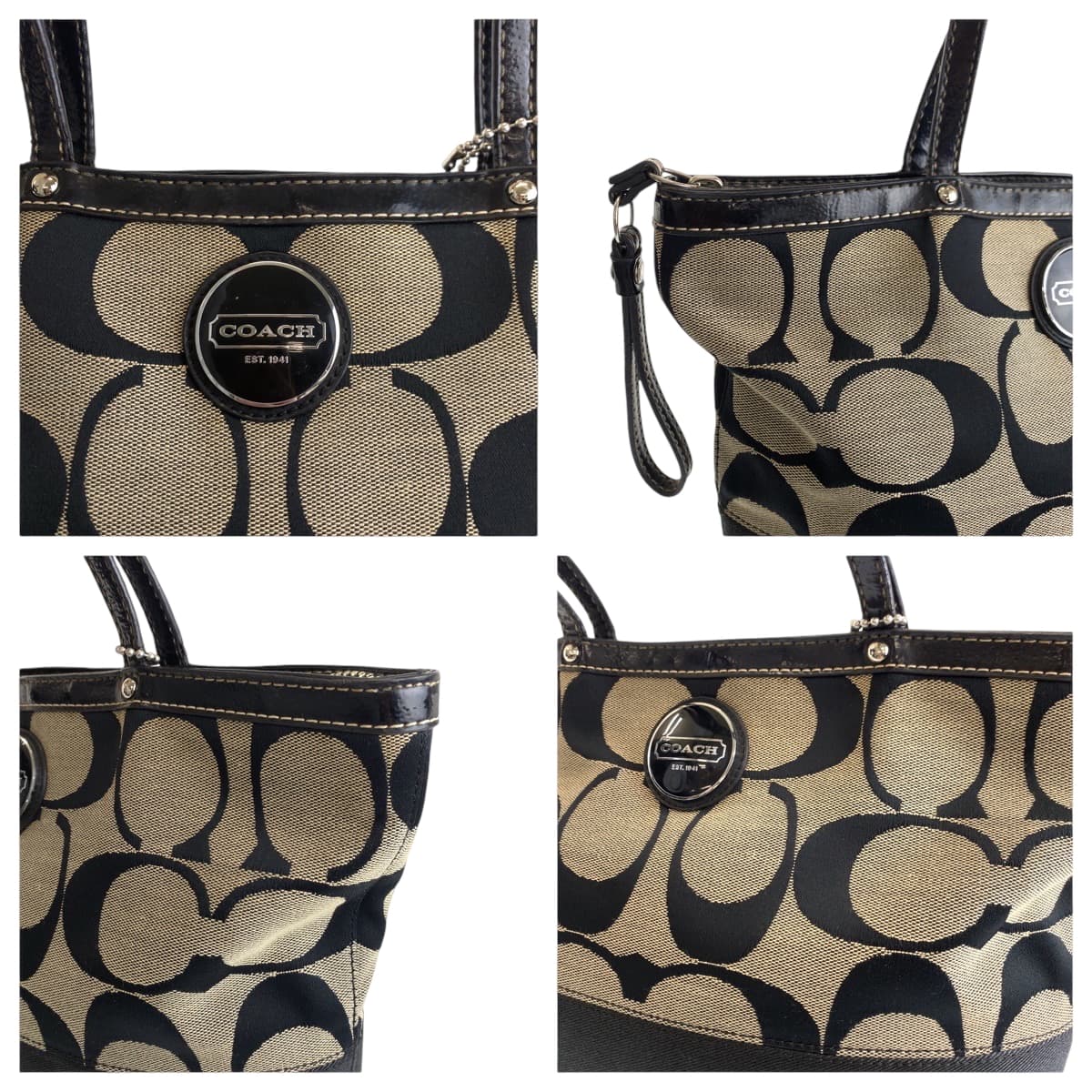 14209
COACH コーチ シグネチャー ブラック 黒 ベージュ シルバー金具 キャンバス F17438 トートバッグ ショルダーバッグ  レディース