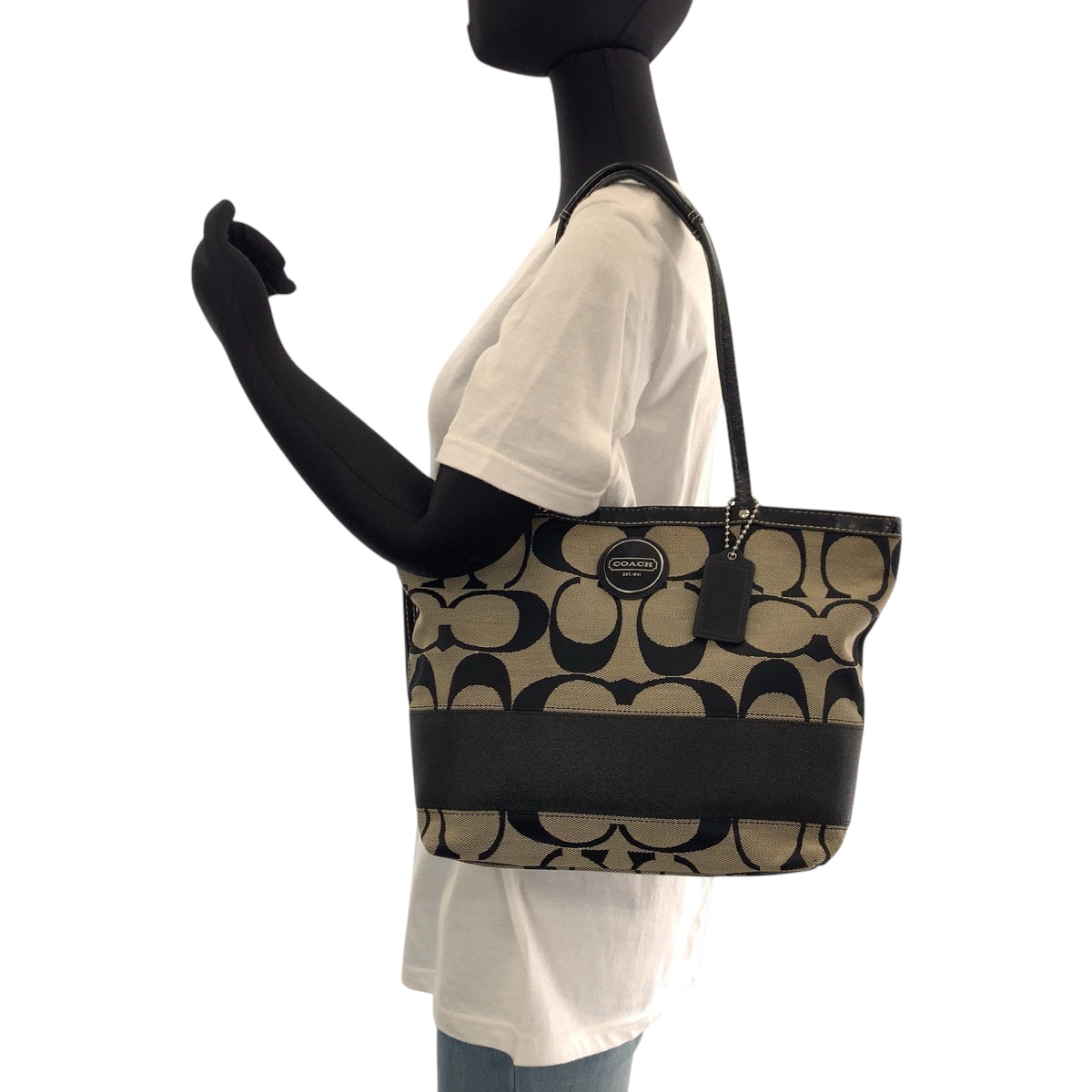 14209
COACH コーチ シグネチャー ブラック 黒 ベージュ シルバー金具 キャンバス F17438 トートバッグ ショルダーバッグ  レディース