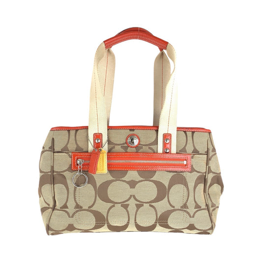 13786
COACH コーチ シグネチャー ベージュ オレンジ シルバー金具 キャンバス トートバッグ ショルダーバッグ  レディース
