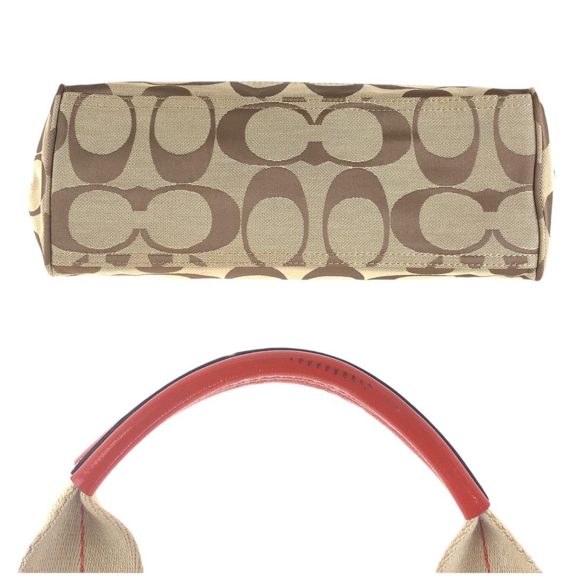 13786
COACH コーチ シグネチャー ベージュ オレンジ シルバー金具 キャンバス トートバッグ ショルダーバッグ  レディース