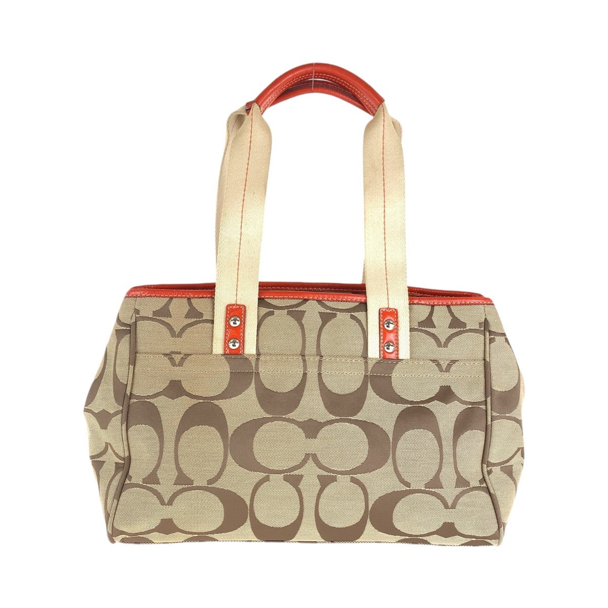 13786
COACH コーチ シグネチャー ベージュ オレンジ シルバー金具 キャンバス トートバッグ ショルダーバッグ  レディース