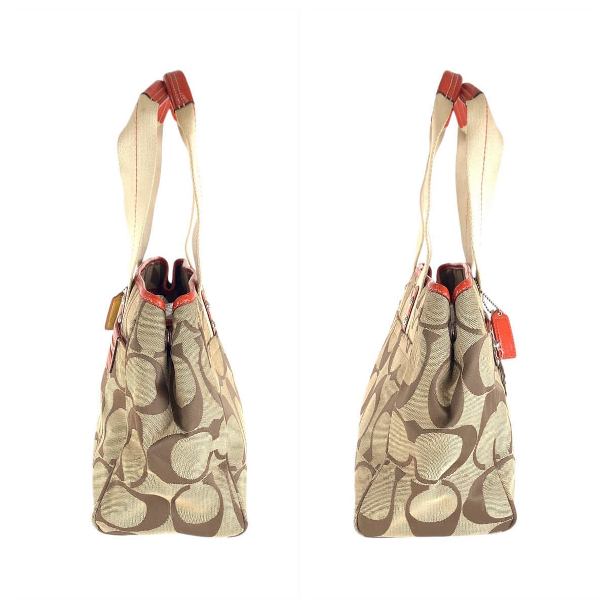 13786
COACH コーチ シグネチャー ベージュ オレンジ シルバー金具 キャンバス トートバッグ ショルダーバッグ  レディース