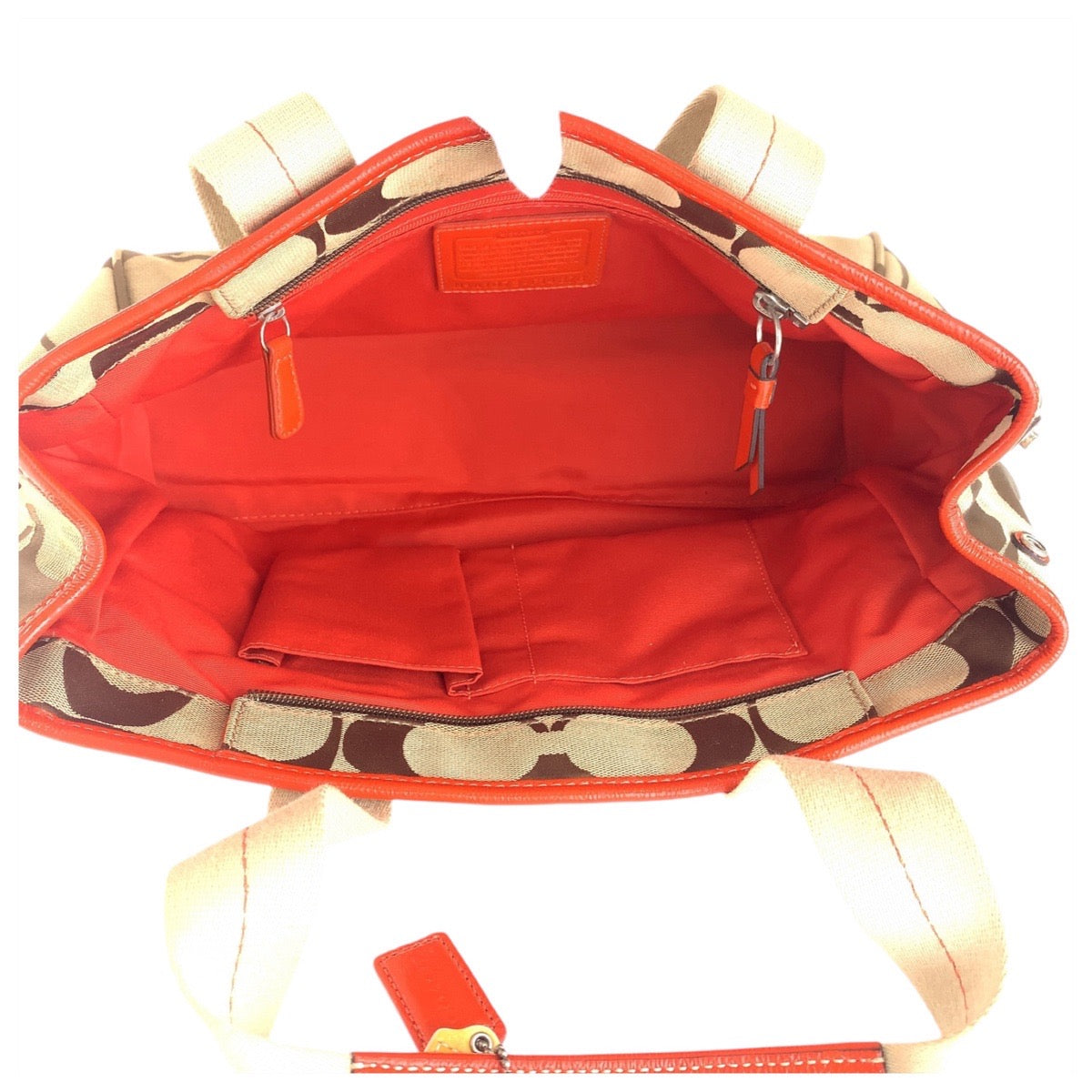 13786
COACH コーチ シグネチャー ベージュ オレンジ シルバー金具 キャンバス トートバッグ ショルダーバッグ  レディース