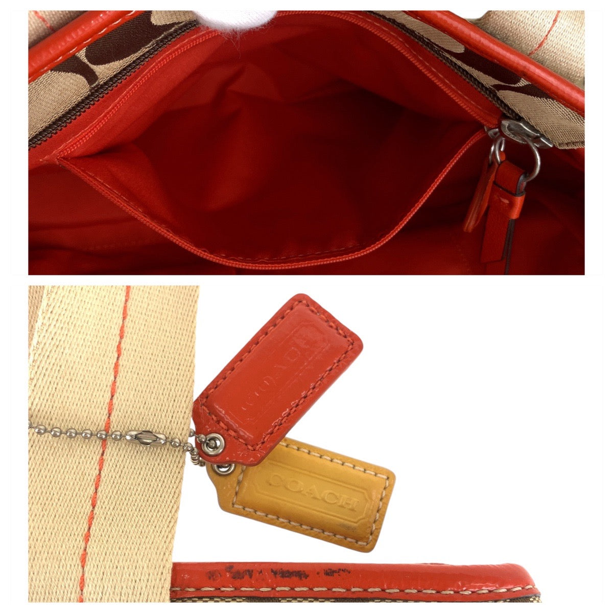 13786
COACH コーチ シグネチャー ベージュ オレンジ シルバー金具 キャンバス トートバッグ ショルダーバッグ  レディース