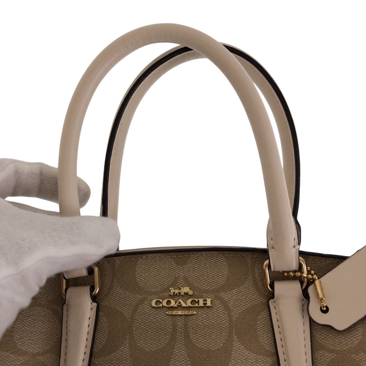13788
COACH コーチ シグネチャー ベージュ ホワイト ゴールド金具 PVC / レザー トートバッグ ショルダーバッグ 2way  レディース