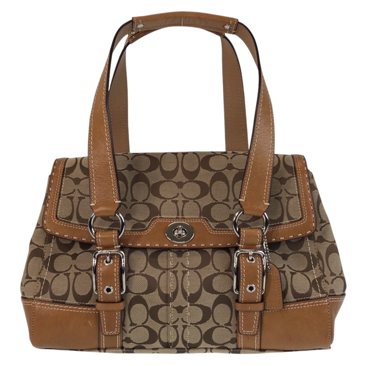 COACH コーチ ハンプトンズ フラップサッチェル ブラウン シルバー金具 キャンバス / レザー ハンドバッグ ショルダーバッグ  レディース