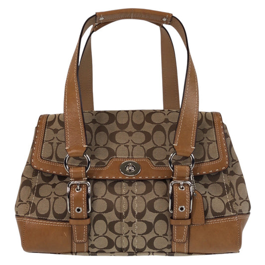 COACH コーチ ハンプトンズ フラップサッチェル ブラウン シルバー金具 キャンバス / レザー ハンドバッグ ショルダーバッグ  レディース