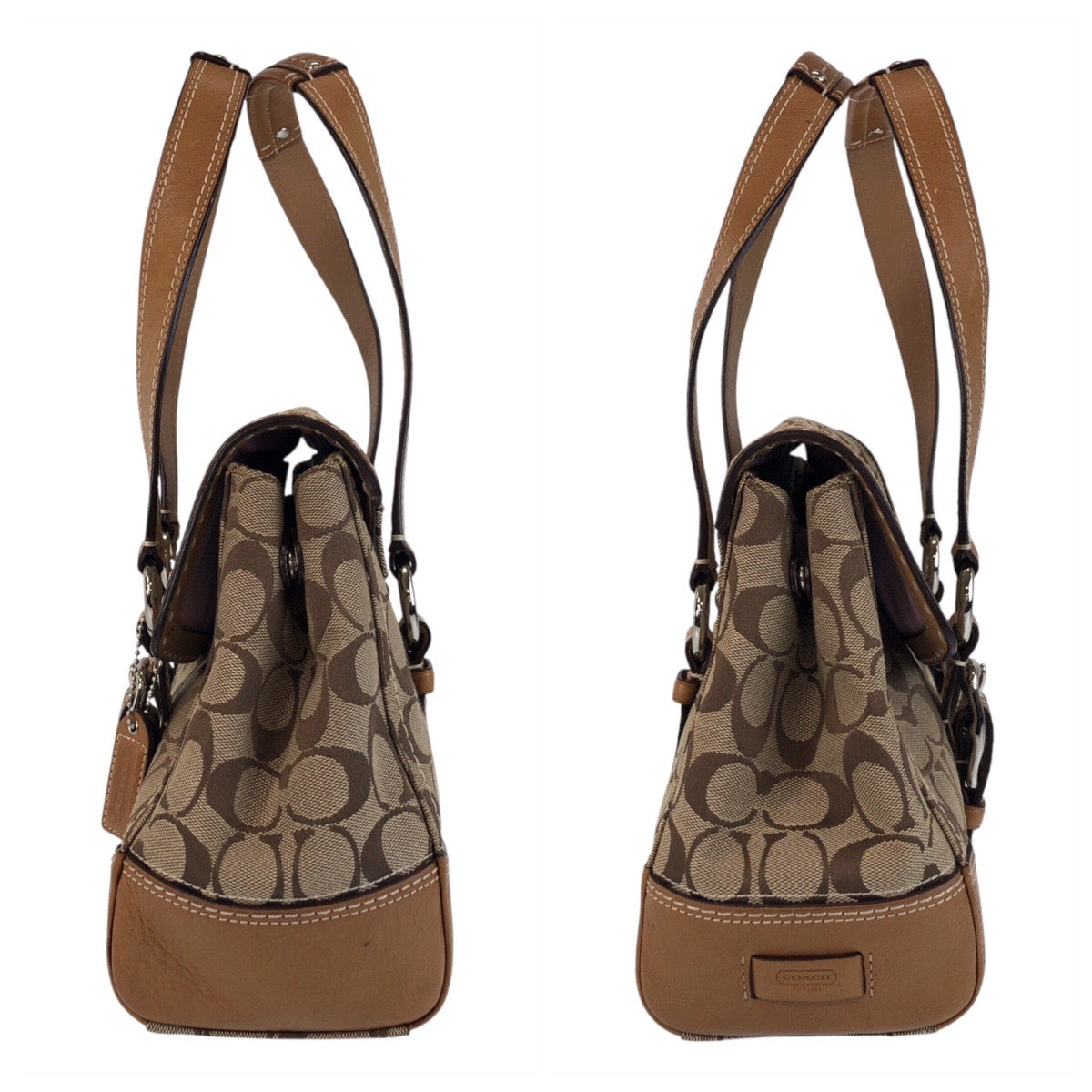COACH コーチ ハンプトンズ フラップサッチェル ブラウン シルバー金具 キャンバス / レザー ハンドバッグ ショルダーバッグ  レディース