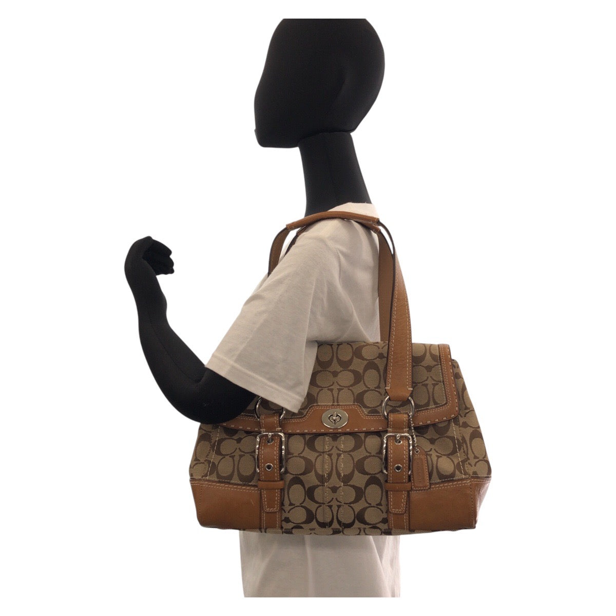COACH コーチ ハンプトンズ フラップサッチェル ブラウン シルバー金具 キャンバス / レザー ハンドバッグ ショルダーバッグ  レディース