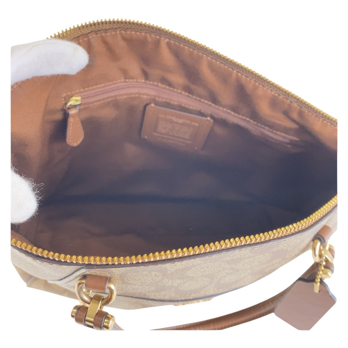 13805
COACH コーチ シグネチャー ブラウン ベージュ ゴールド金具 PVC / レザー ハンドバッグ ショルダーバッグ 2way  レディース
