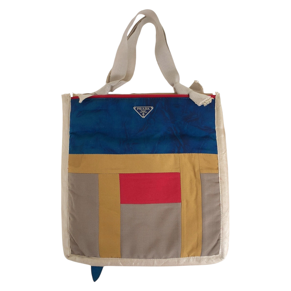 14228
PRADA プラダ パッチワーク バード 三角ロゴプレート ベージュ マルチカラー シルバー金具 ナイロン / コットン トートバッグ ハンドバッグ  レディース ABP29