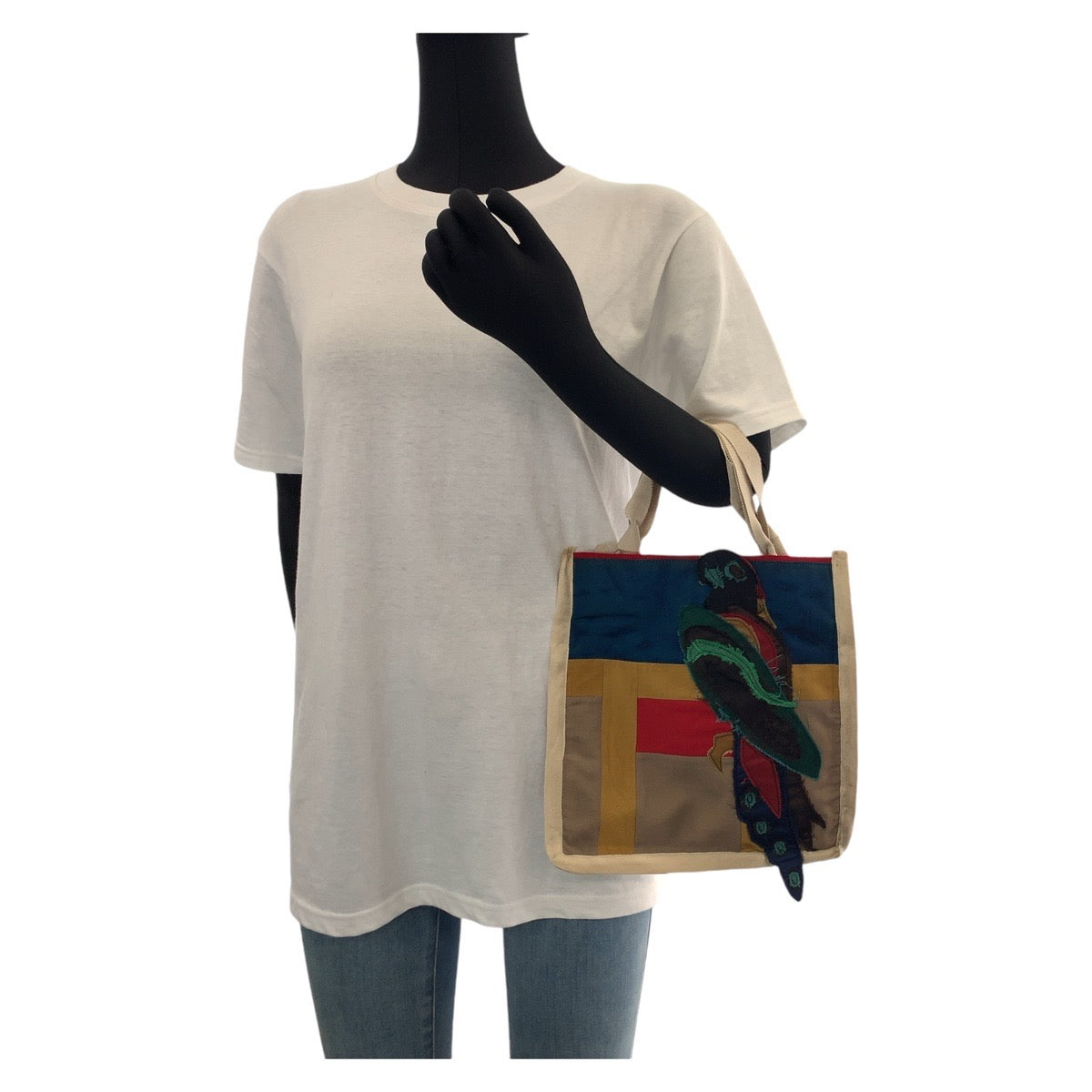 14228
PRADA プラダ パッチワーク バード 三角ロゴプレート ベージュ マルチカラー シルバー金具 ナイロン / コットン トートバッグ ハンドバッグ  レディース ABP29
