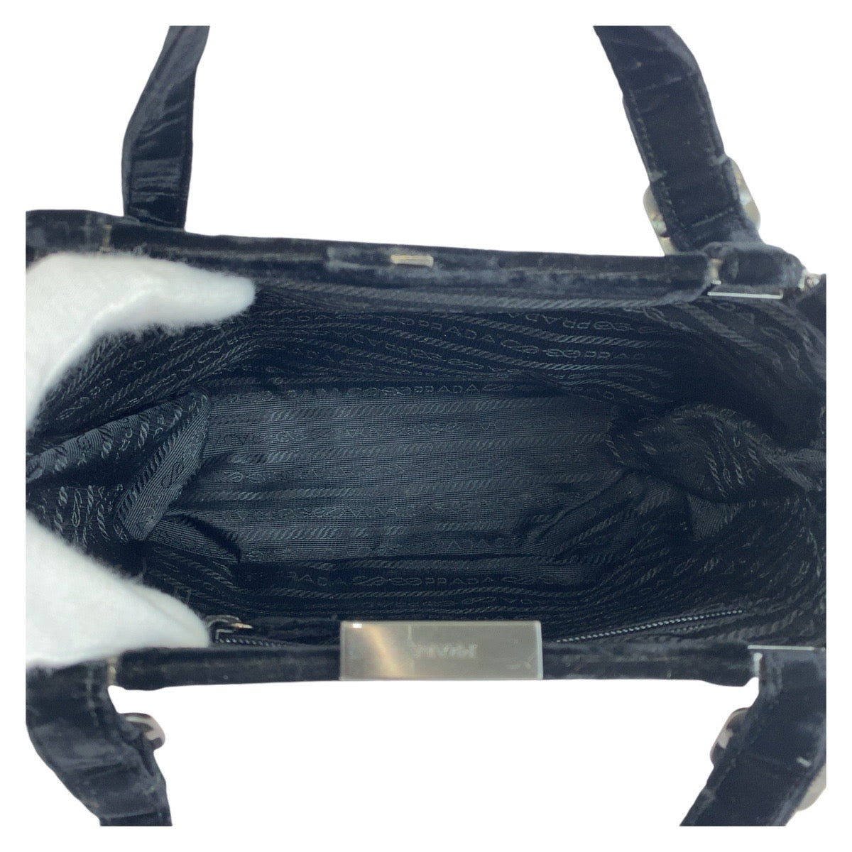 14229
PRADA プラダ ブラック 黒 シルバー金具 ベロア / ナイロン ハンドバッグ バニティバッグ  レディース AB13