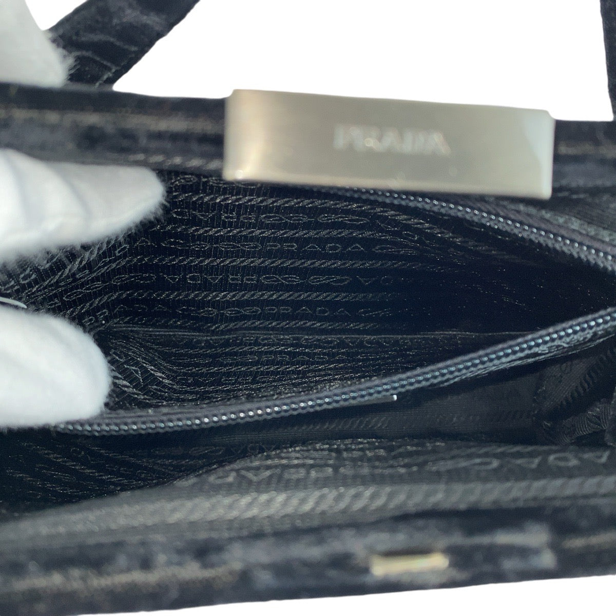 14229
PRADA プラダ ブラック 黒 シルバー金具 ベロア / ナイロン ハンドバッグ バニティバッグ  レディース AB13
