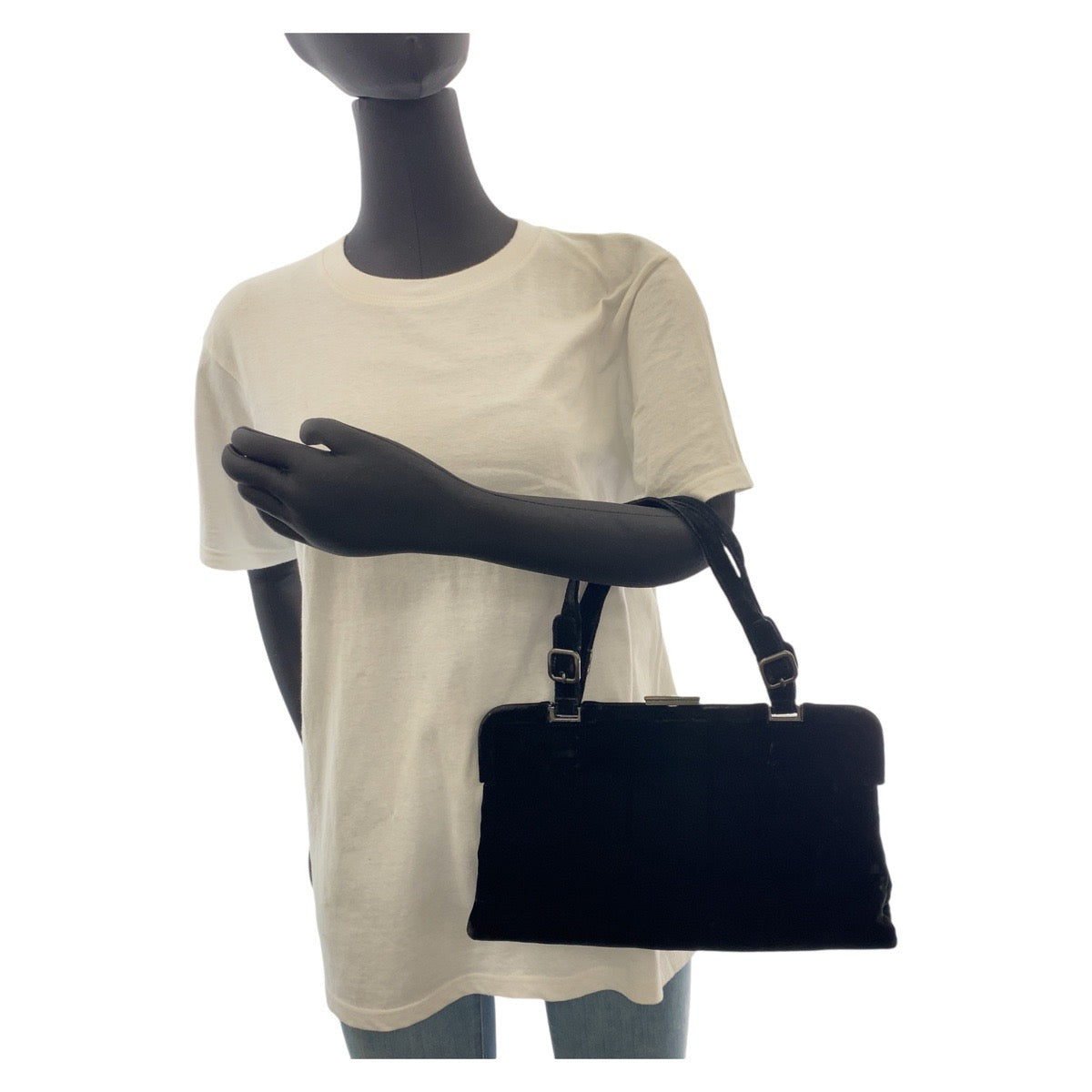 14229
PRADA プラダ ブラック 黒 シルバー金具 ベロア / ナイロン ハンドバッグ バニティバッグ  レディース AB13