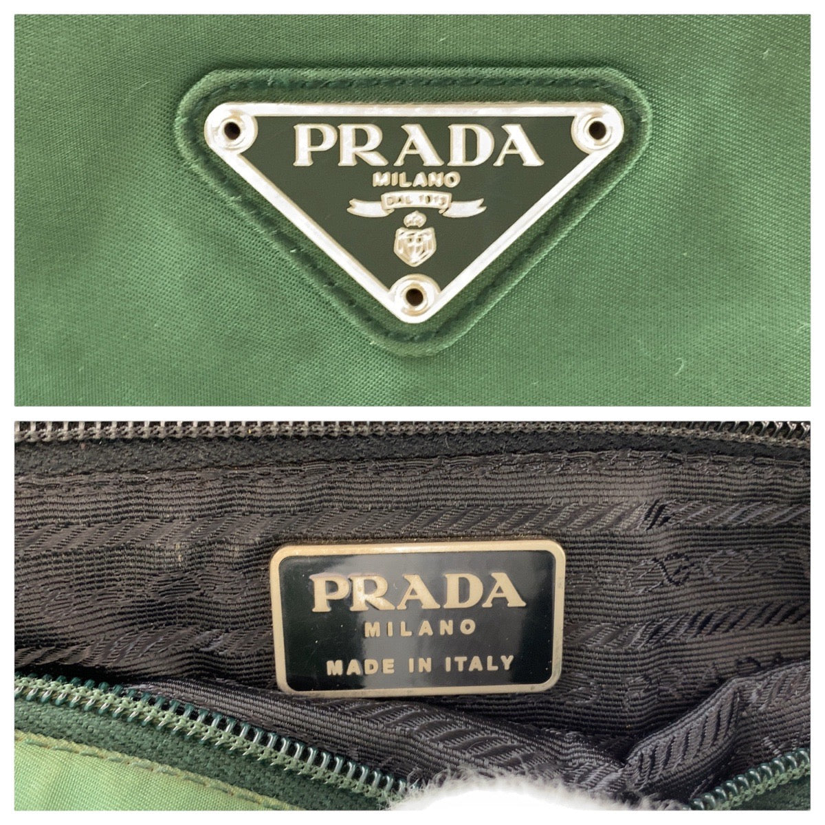 13814
PRADA プラダ テスート 三角ロゴプレート グリーン シルバー金具 ナイロン トートバッグ ショルダーバッグ  レディース
