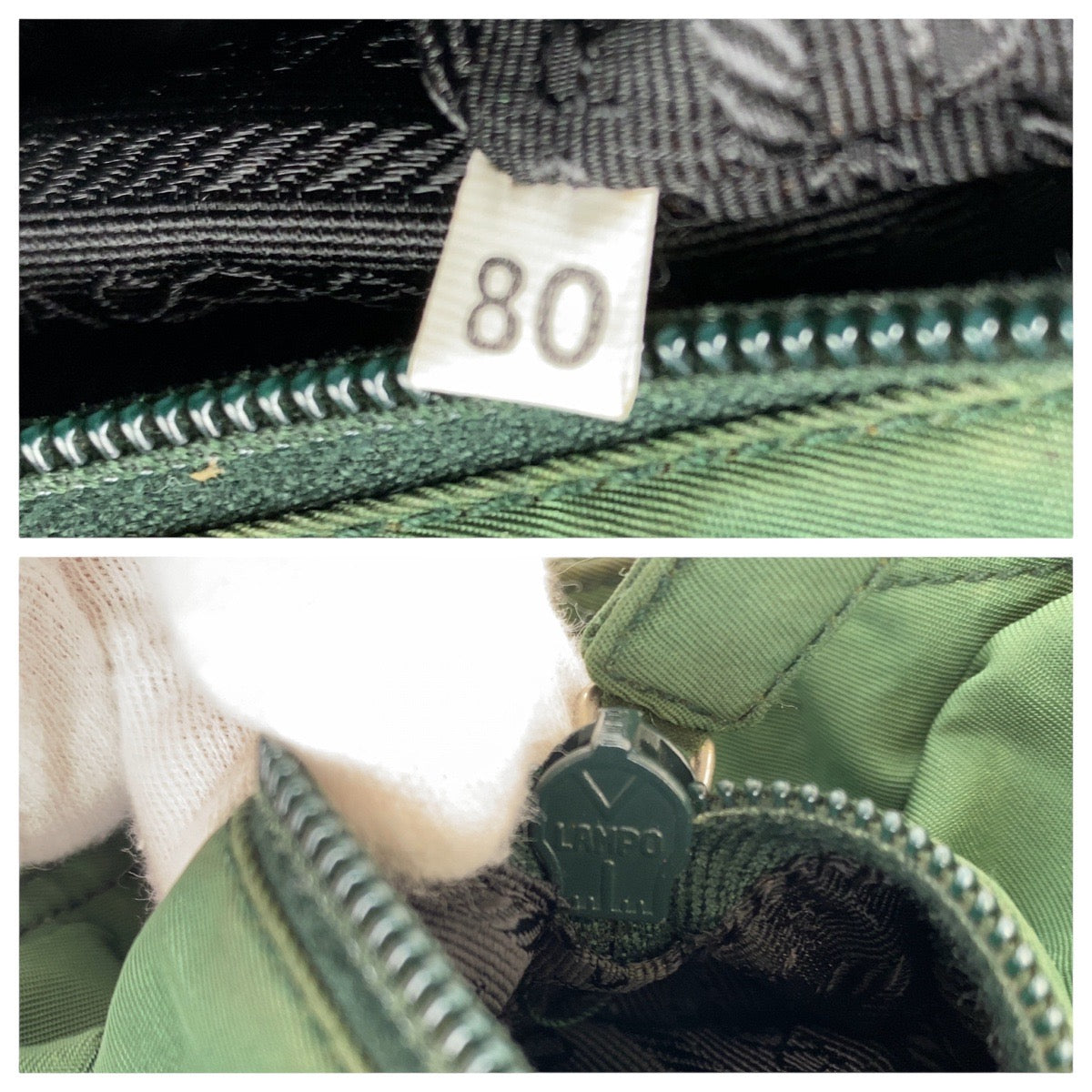 13814
PRADA プラダ テスート 三角ロゴプレート グリーン シルバー金具 ナイロン トートバッグ ショルダーバッグ  レディース
