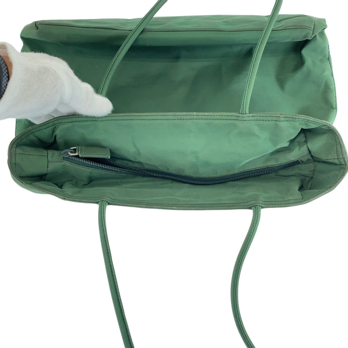 13814
PRADA プラダ テスート 三角ロゴプレート グリーン シルバー金具 ナイロン トートバッグ ショルダーバッグ  レディース