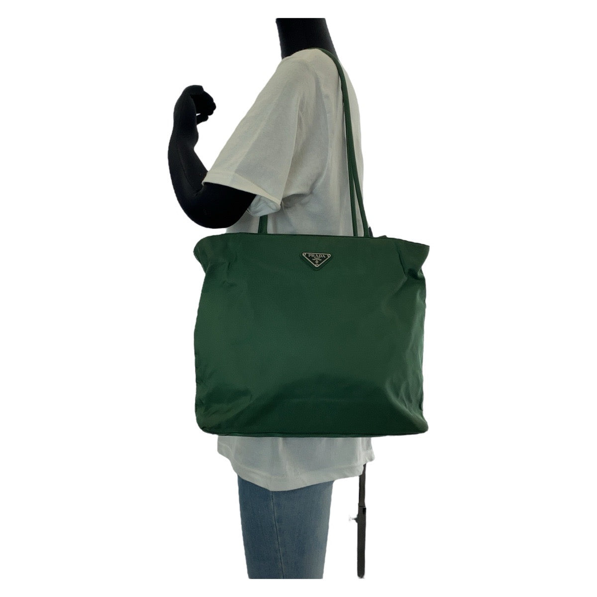 13814
PRADA プラダ テスート 三角ロゴプレート グリーン シルバー金具 ナイロン トートバッグ ショルダーバッグ  レディース