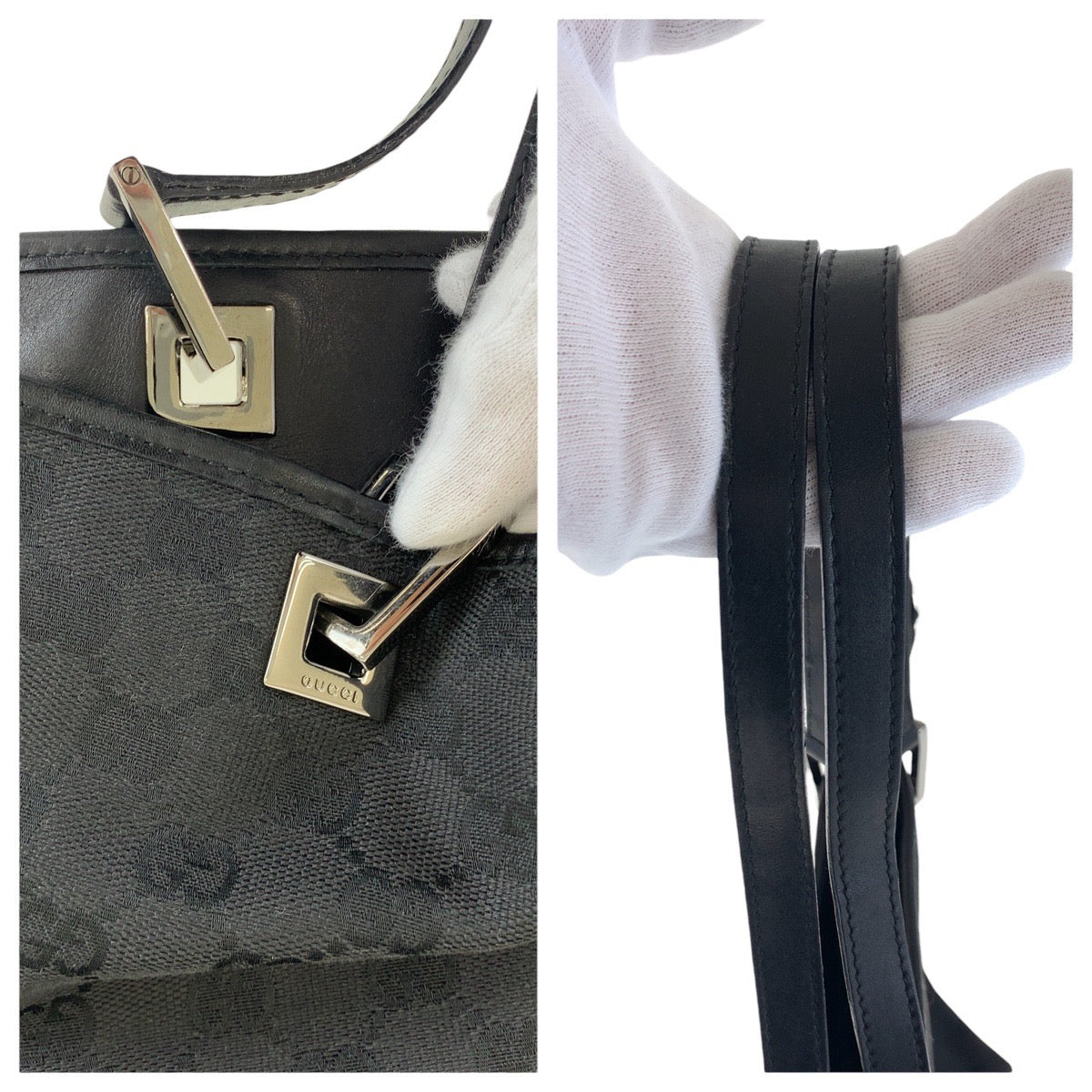 14231
GUCCI グッチ ブラック 黒 シルバー金具 GGキャンバス / レザー 31243 トートバッグ ショルダーバッグ  レディース
