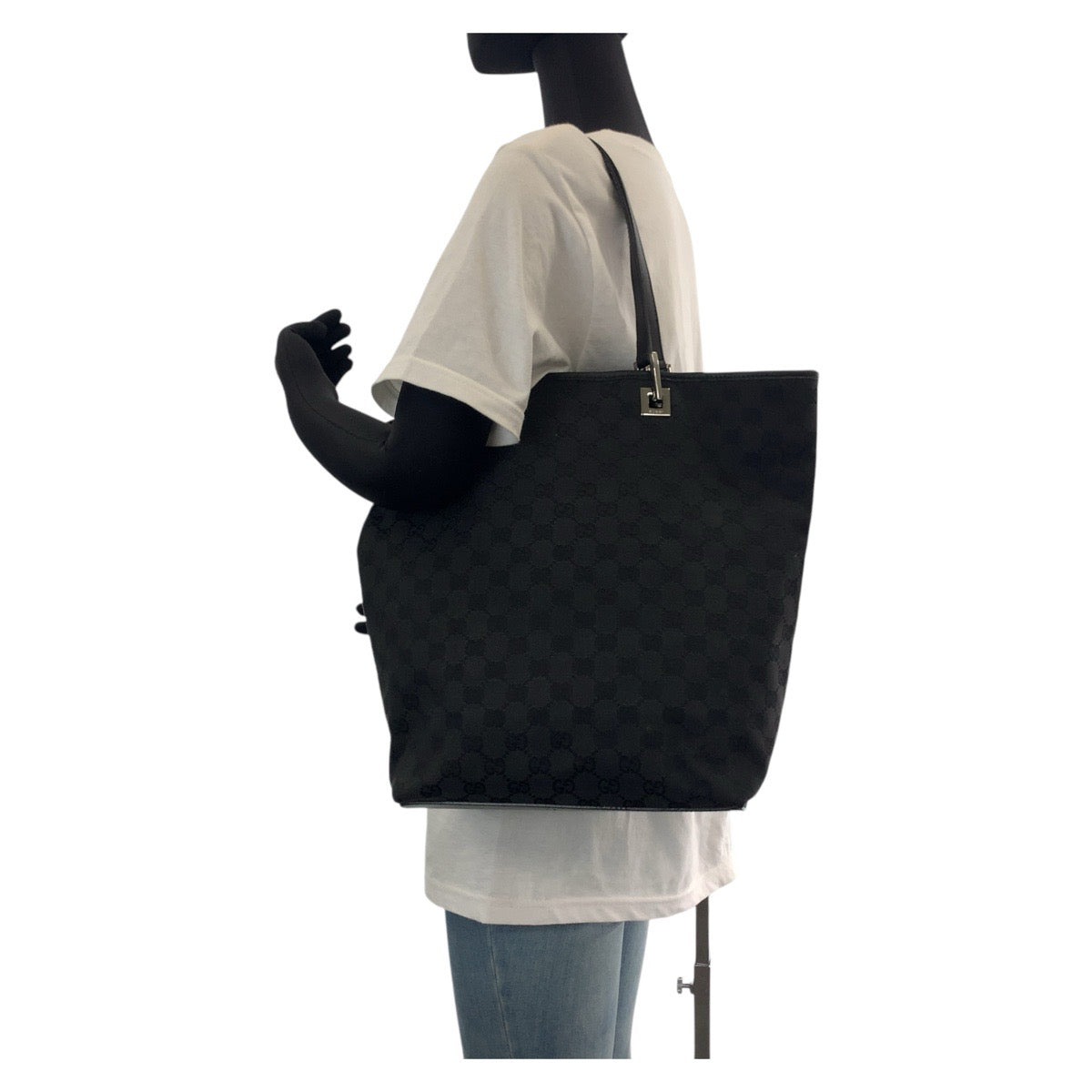 14231
GUCCI グッチ ブラック 黒 シルバー金具 GGキャンバス / レザー 31243 トートバッグ ショルダーバッグ  レディース
