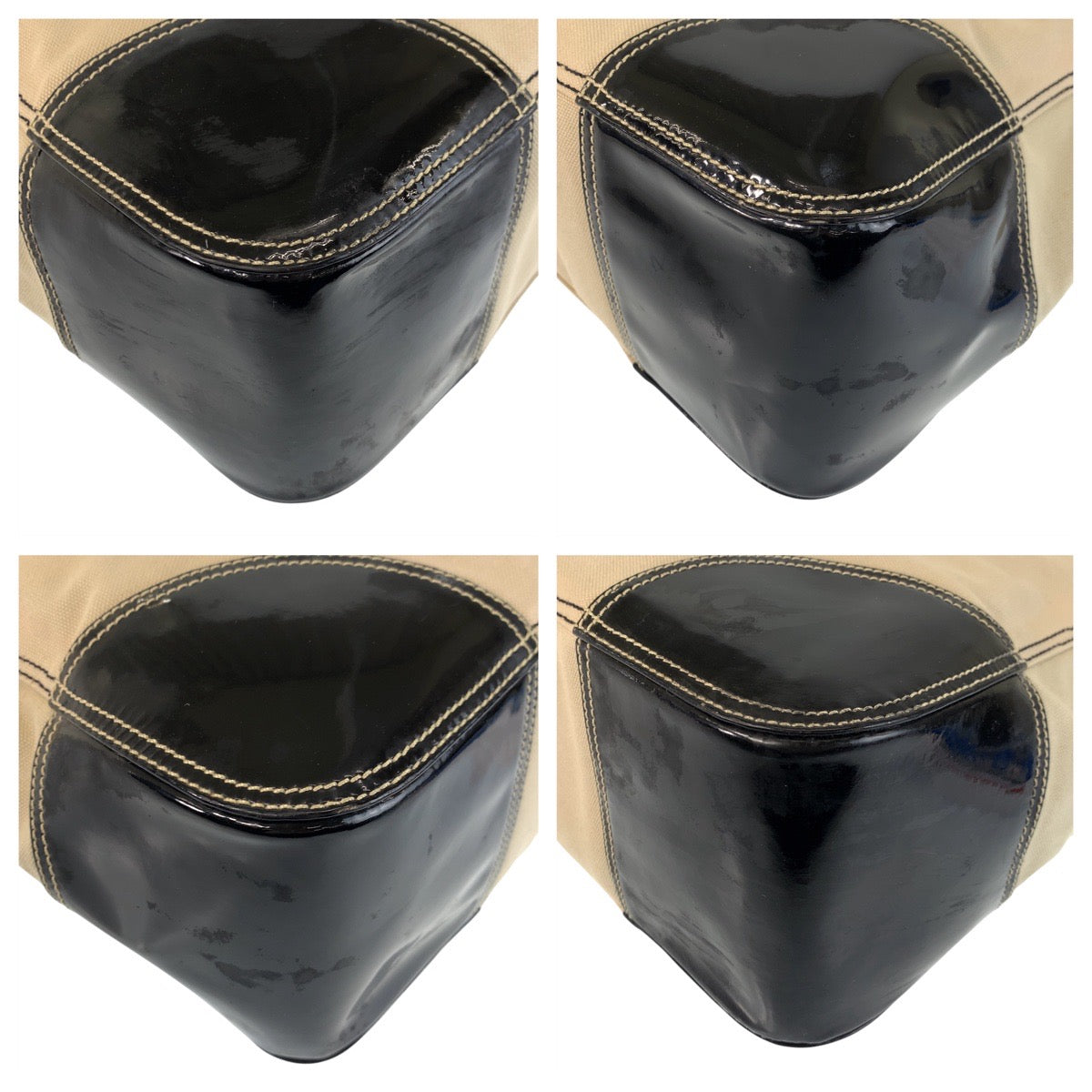 14232
PRADA プラダ 三角ロゴプレート ベージュ ブラック 黒 シルバー金具 キャンバス / エナメル トートバッグ ショルダーバッグ  レディース AB18