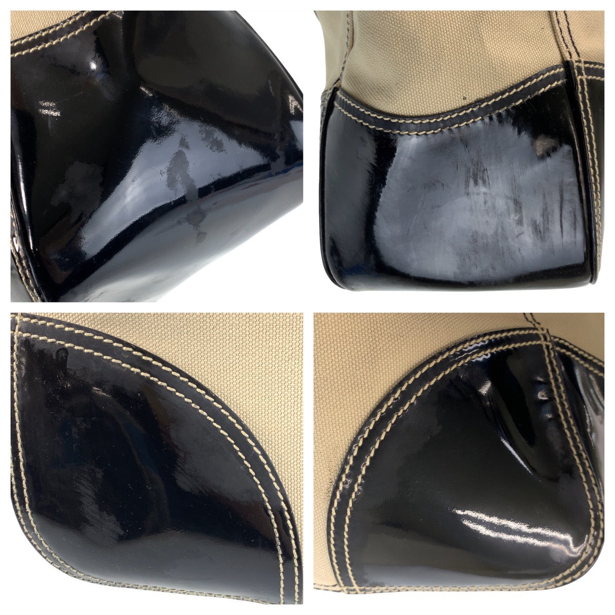 14232
PRADA プラダ 三角ロゴプレート ベージュ ブラック 黒 シルバー金具 キャンバス / エナメル トートバッグ ショルダーバッグ  レディース AB18
