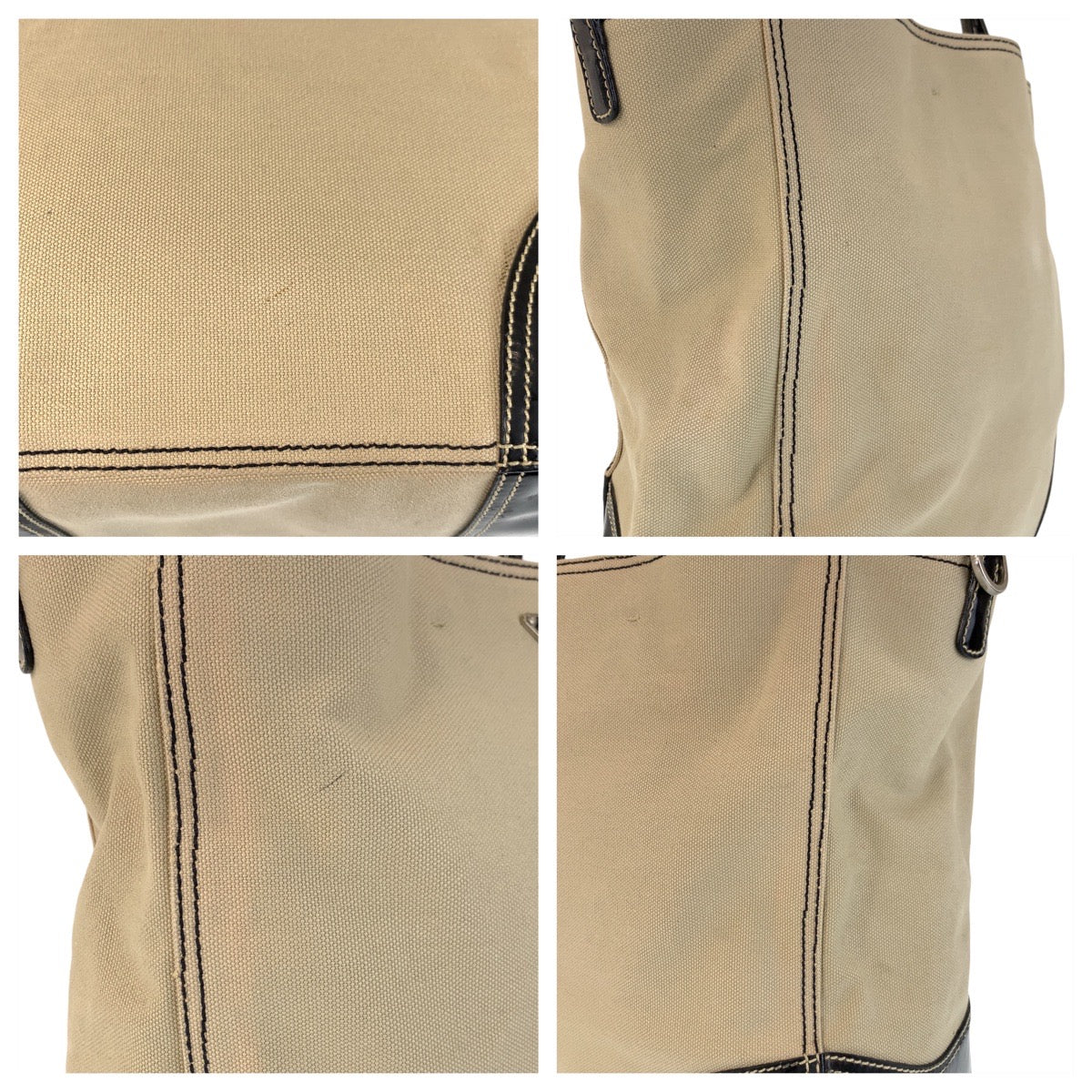 14232
PRADA プラダ 三角ロゴプレート ベージュ ブラック 黒 シルバー金具 キャンバス / エナメル トートバッグ ショルダーバッグ  レディース AB18