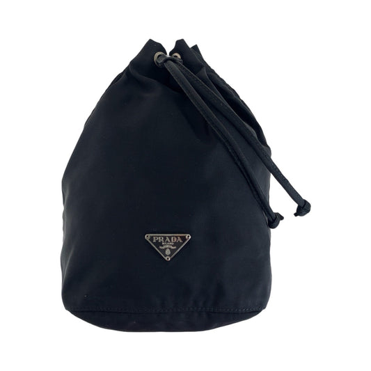 PRADA Tessuto Triangle Logo Plate Black Silver Hardware Nylon Pouch Drawstring Pouch Women's