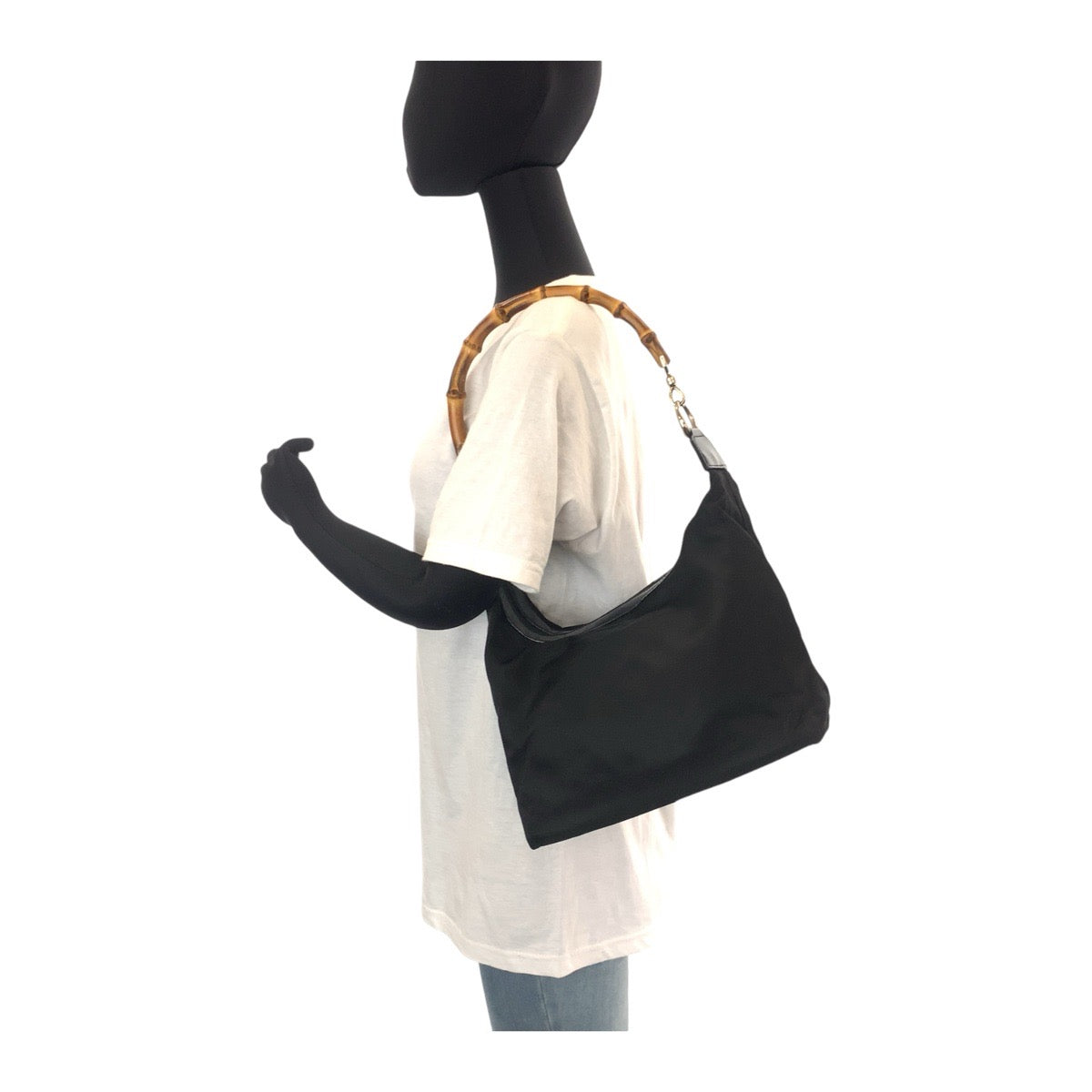 14233
GUCCI グッチ バンブー ブラック黒 シルバー金具 キャンバス / レザー ショルダーバッグ ホーボー  レディース