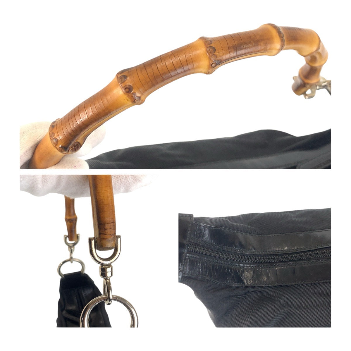 14233
GUCCI グッチ バンブー ブラック黒 シルバー金具 キャンバス / レザー ショルダーバッグ ホーボー  レディース