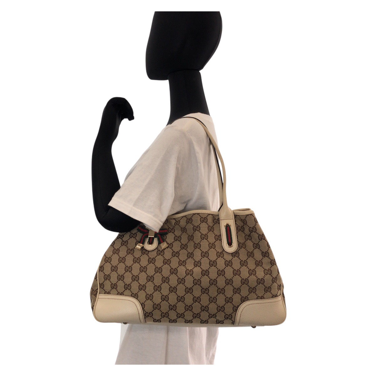 14239
GUCCI グッチ プリンシー ベージュ ホワイト ゴールド金具 GGキャンバス / レザー 163805 トートバッグ ショルダーバッグ  レディース