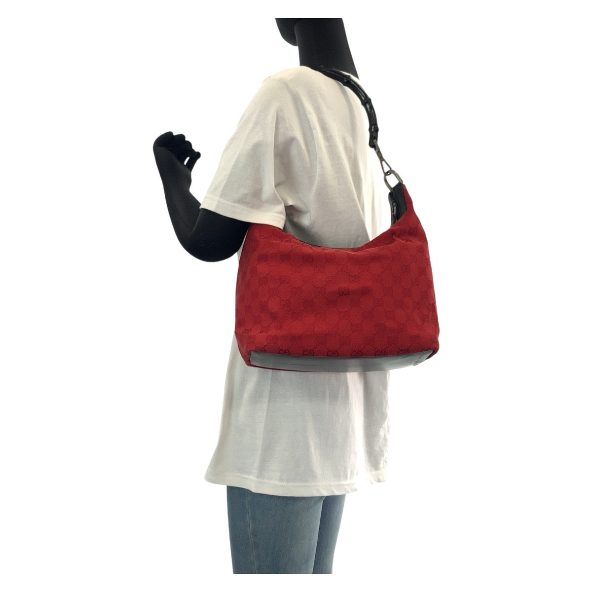 14243
GUCCI グッチ バンブー レッド ブラック ガンメタ金具 GGキャンバス / レザー 000 0531 ショルダーバッグ  レディース