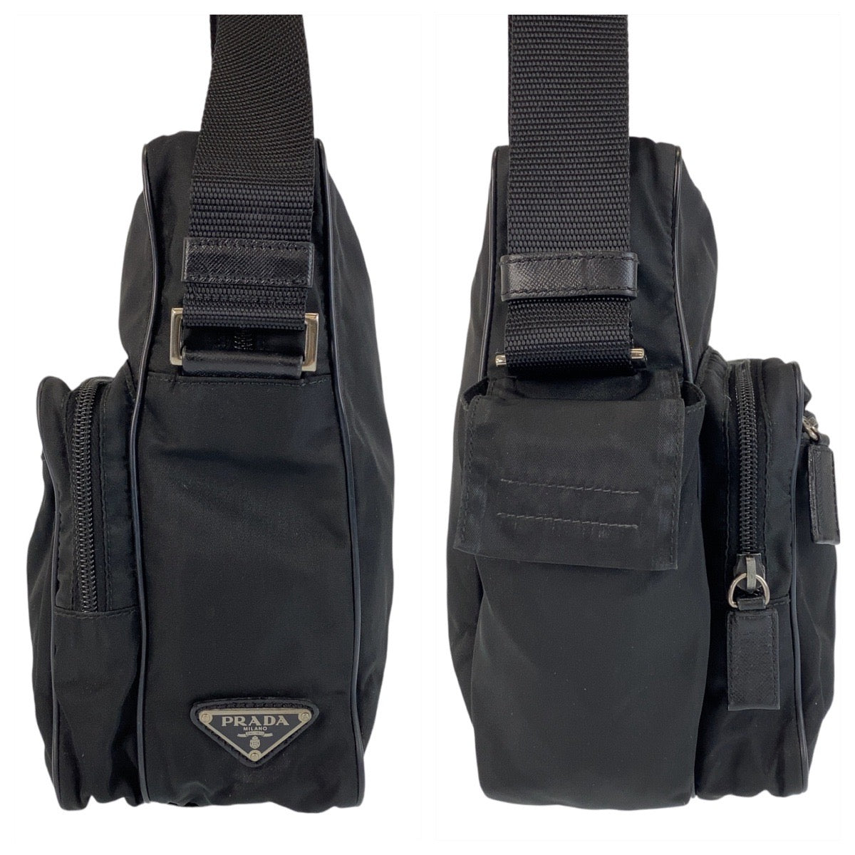 14244
PRADA プラダ テスート 三角ロゴプレート ブラック 黒 シルバー金具 ナイロン 斜め掛け ショルダーバッグ ポシェット 男女兼用  レディース ABP19
