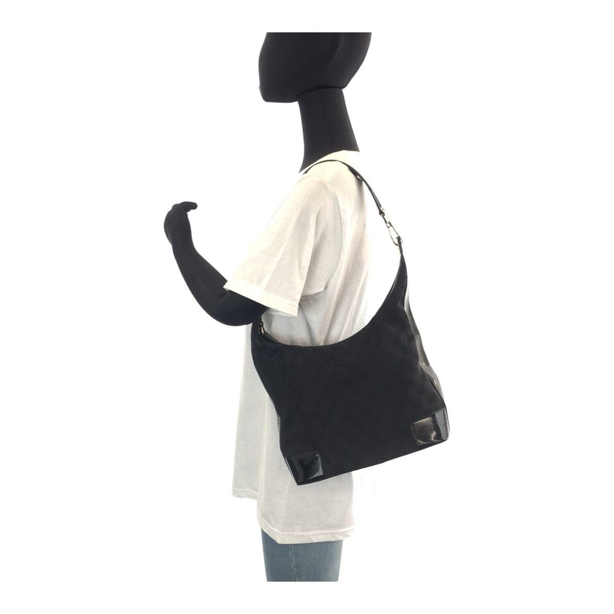 14245
GUCCI グッチ ブラック 黒 ゴールド金具 GGキャンバス ショルダーバッグ ホーボー  レディース