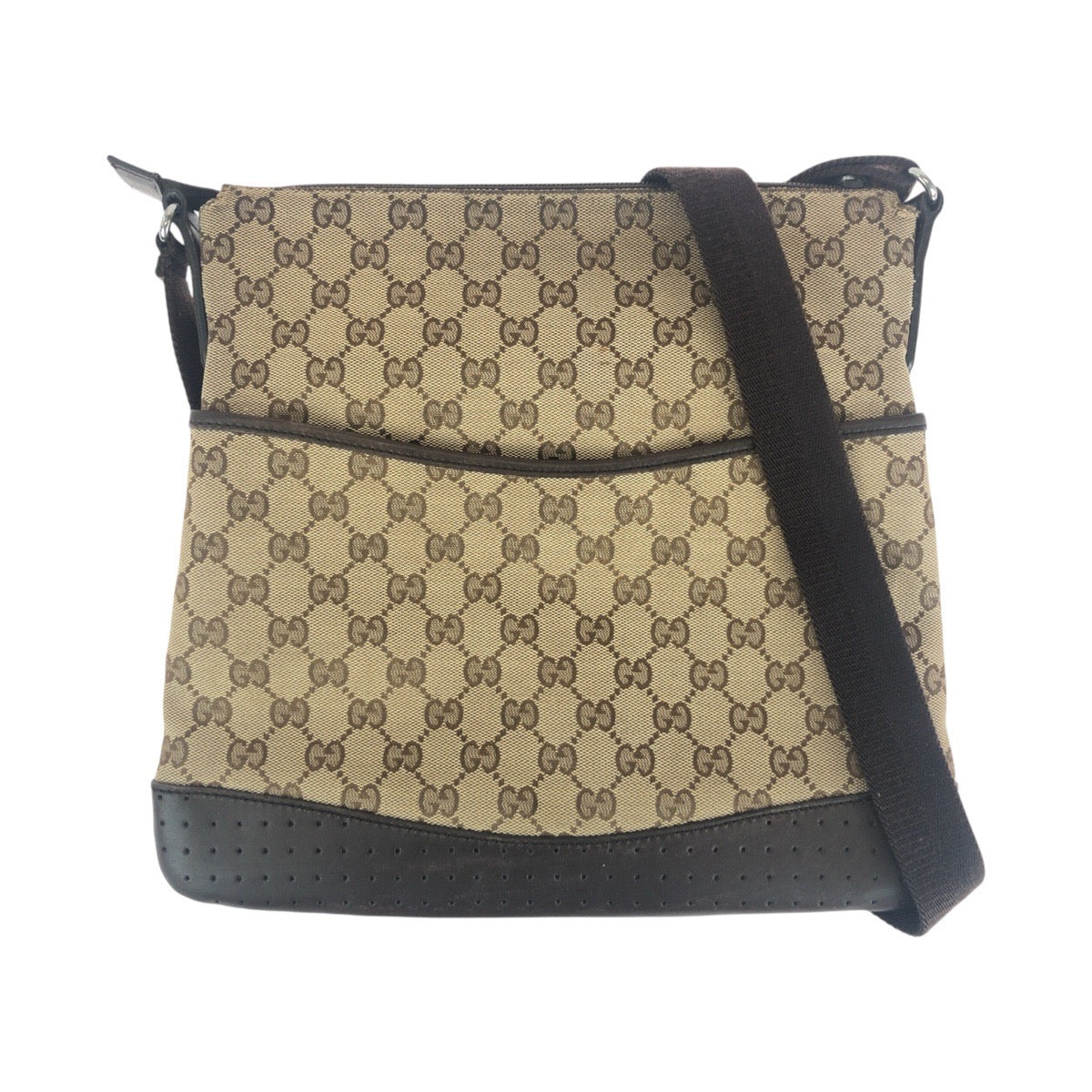 14251
GUCCI グッチ ブラウン ベージュ シルバー金具 GGキャンバス / レザー 145857 ショルダーバッグ ポシェット  レディース