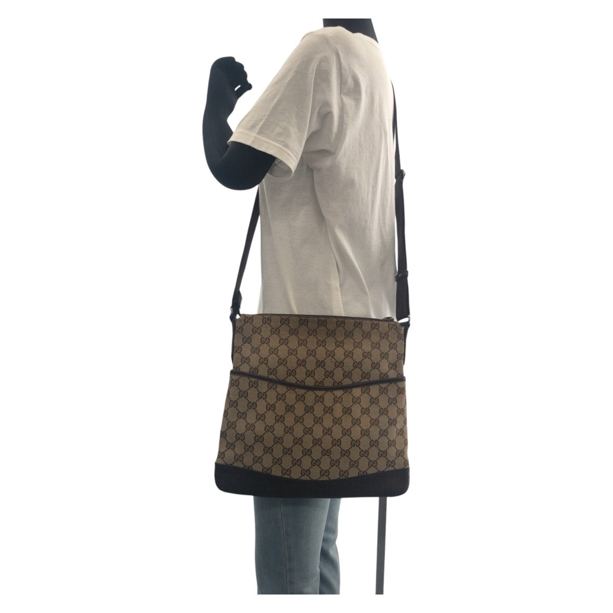 14251
GUCCI グッチ ブラウン ベージュ シルバー金具 GGキャンバス / レザー 145857 ショルダーバッグ ポシェット  レディース