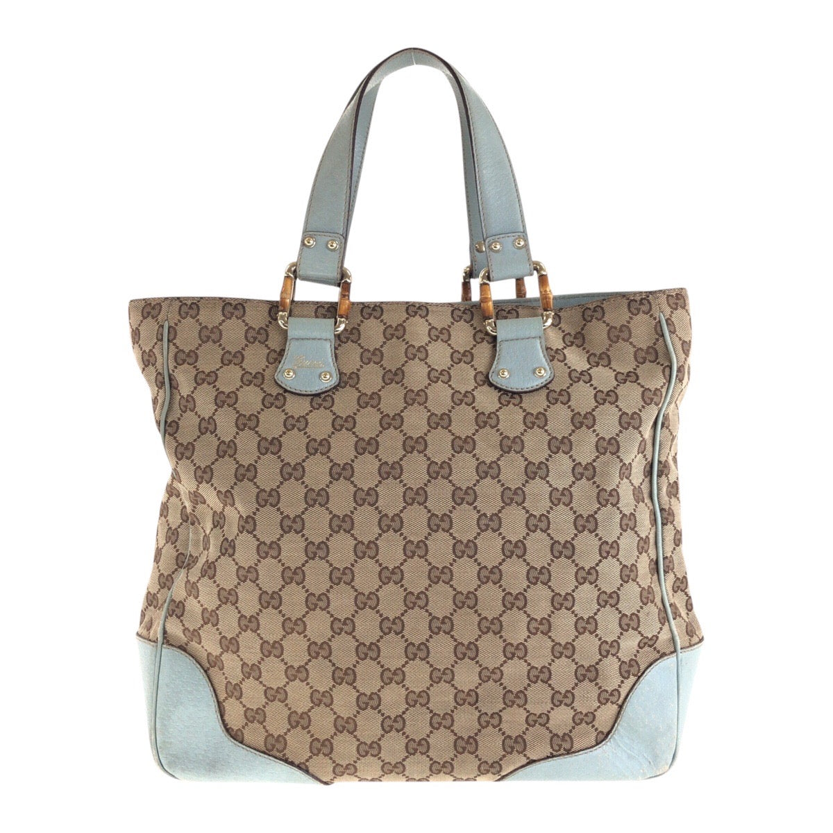 14253
GUCCI グッチ ベージュ ライトブルー ゴールド金具 GGキャンバス / レザー 154375 トートバッグ ハンドバッグ  レディース