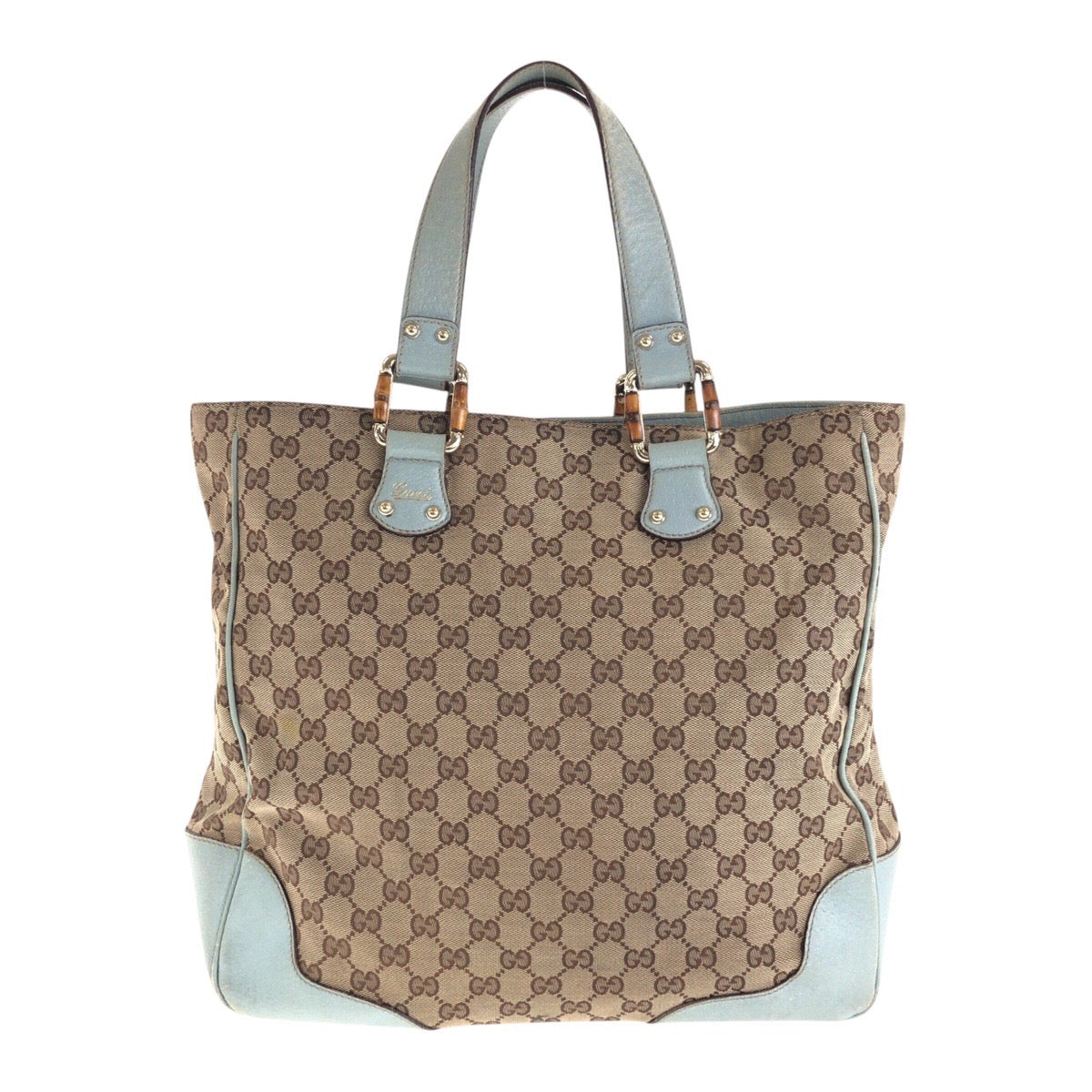 14253
GUCCI グッチ ベージュ ライトブルー ゴールド金具 GGキャンバス / レザー 154375 トートバッグ ハンドバッグ  レディース