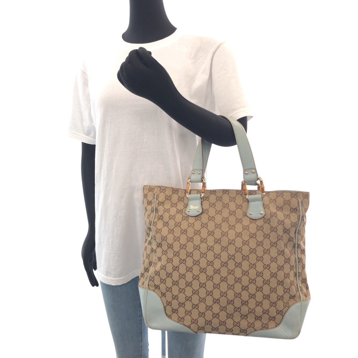 14253
GUCCI グッチ ベージュ ライトブルー ゴールド金具 GGキャンバス / レザー 154375 トートバッグ ハンドバッグ  レディース