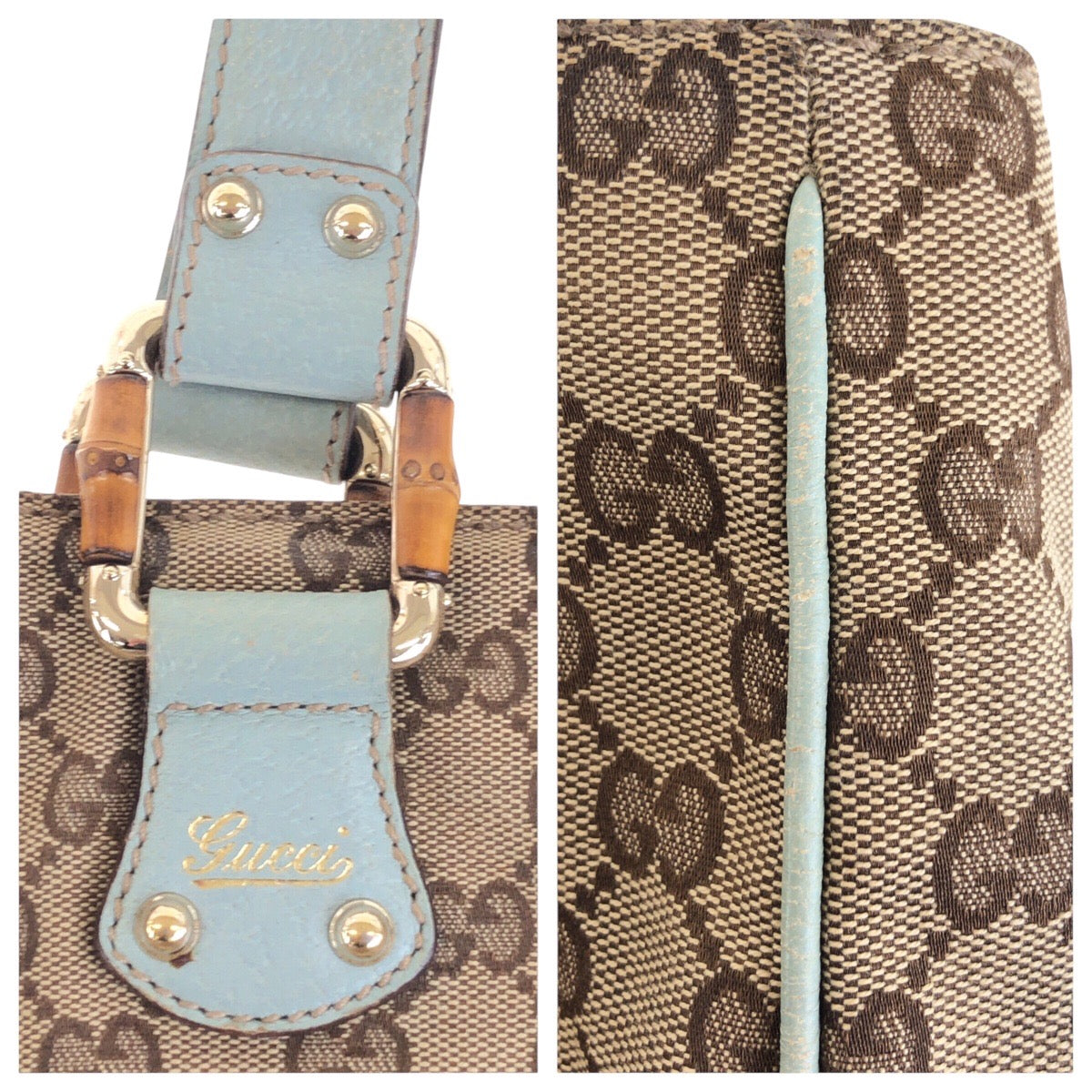 14253
GUCCI グッチ ベージュ ライトブルー ゴールド金具 GGキャンバス / レザー 154375 トートバッグ ハンドバッグ  レディース