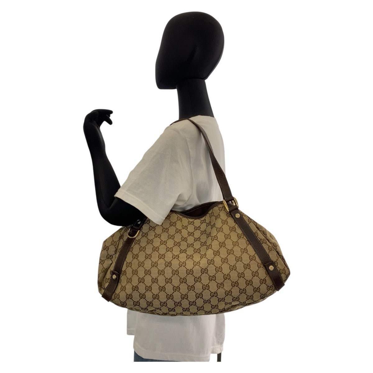 14254
GUCCI グッチ ベージュ ブラウン ゴールド金具 GGキャンバス / レザー 130736 トートバッグ ショルダーバッグ  レディース
