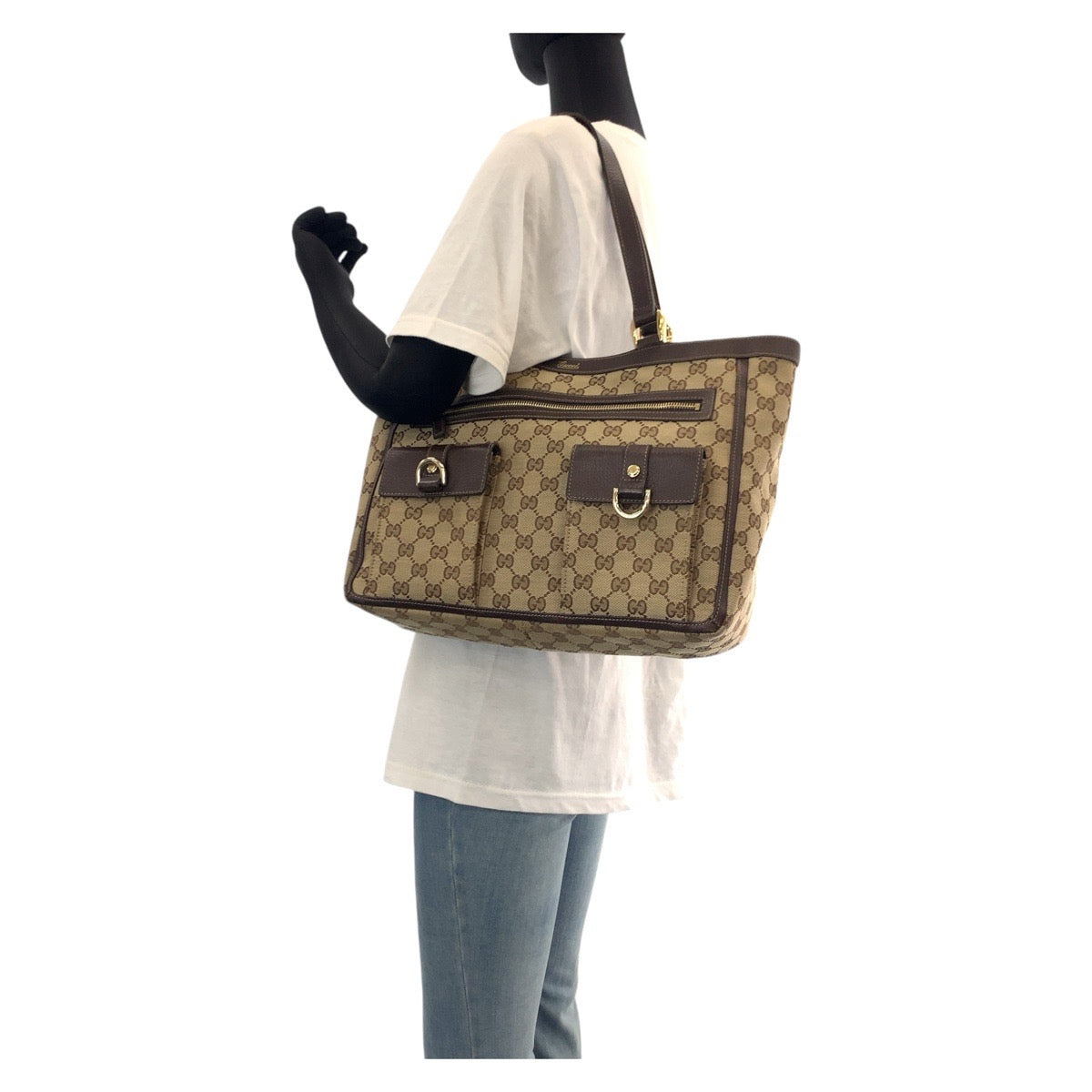 14257
GUCCI グッチ アビー ブラウン ベージュ ゴールド金具 GGキャンバス / レザー 146247 トートバッグ ショルダーバッグ  レディース