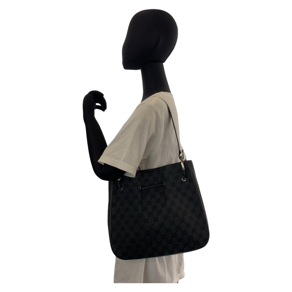 14276
GUCCI グッチ ブラック 黒 GGキャンバス / レザー 001 3748 ショルダーバッグ 巾着バッグ  レディース